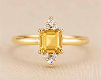 Ring met gele citrien • Ring met in het laboratorium gekweekte citrien • Verlovingsring met prinsesslijpsel • Sieraden met geboortesteen van november • Cadeau voor haar