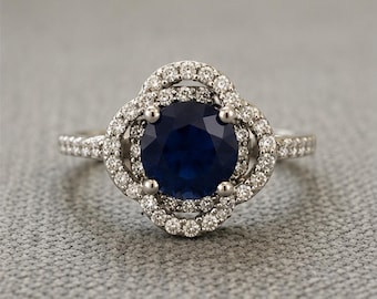 Sapphire Halo Ring • Lab Grown Sapphire Ring • Floral Halo Engagement Ring • Blue Gemstone Ring • September Birthstone Jewelry