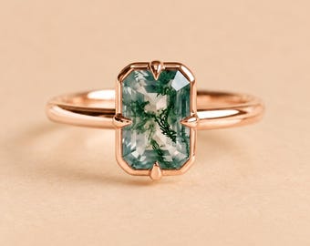 Moss Agate Solitaire Ring • Green Moss Agate Ring • Green Gemstone Ring • Emerald Cut Ring • Minimalist Bridal Ring • Wedding Ring