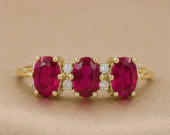 Ruby Three Stone Ring • Lab Grown Ruby Ring • Oval Engagement Ring • Trilogy Ring • July Birthstone Jewelry • Anniversary Ring
