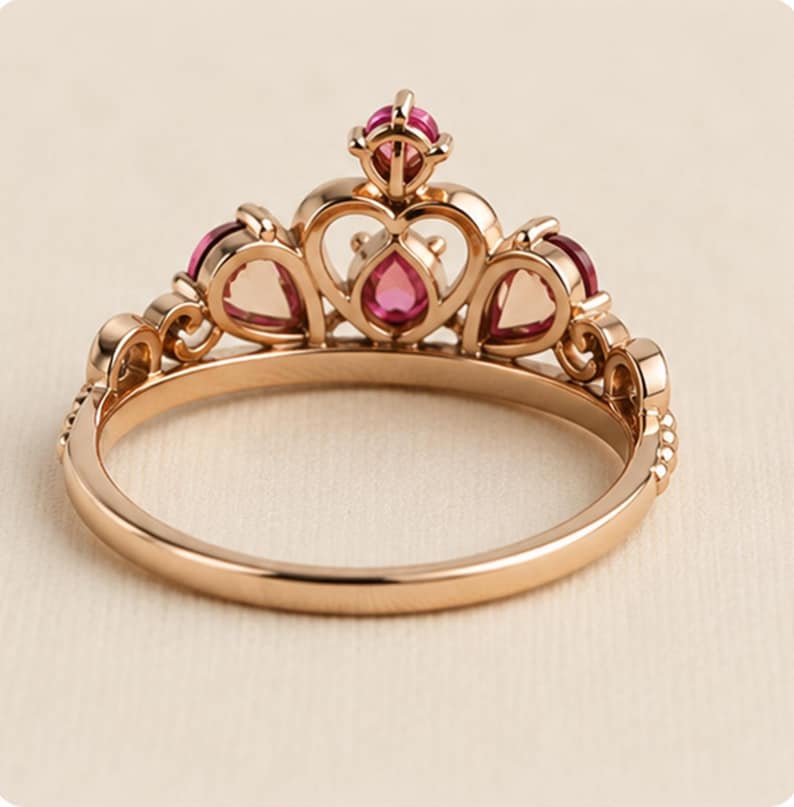 May include: A rose gold ring shaped like a tiara, featuring a central heart-shaped frame and multiple pear-cut pink gemstones. The band is smooth and polished, with intricate scrollwork details surrounding the crown-like setting.