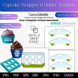 Cupcake Wrapper & Cupcake Holder Template,Canva Editable Cupcake Wrapper SVG,Cupcake Paper Wrap Party Favor,DIY Bake 6 Hole Cupcake Box svg