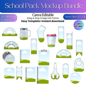 May include: A digital school pack mockup bundle featuring 20 different designs with a landscape graphic of green hills and blue skies. The template includes items like mugs, notebooks, clipboards, and bookmarks, with text stating 8.5 inches by 11 inches.
