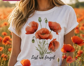 Maglietta vintage con papaveri / Maglietta commemorativa con grafica "Lest We Forget" / Maglietta floreale rossa Comfort Colors® / Regalo per veterani in memoria dell'Armistizio