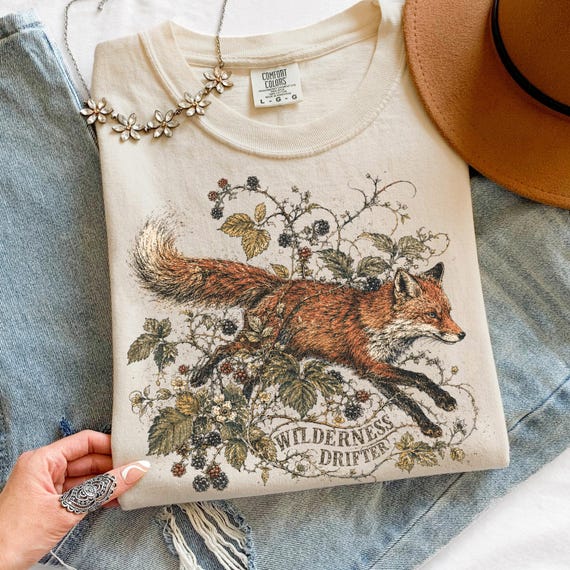 Vintage Fox Shirt | Botanical Wilderness Drifter Tee | Comfort Colors® Oversized Graphic Top | Cottagecore Forest Red Fox Animal Gift
