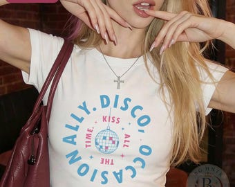 Retro Disco Ball Baby Tee | 90s Fitted Kiss All The Time Graphic T-Shirt | Cute Y2K Circular Slogan Top | Trendy Music Festival Girl Gift