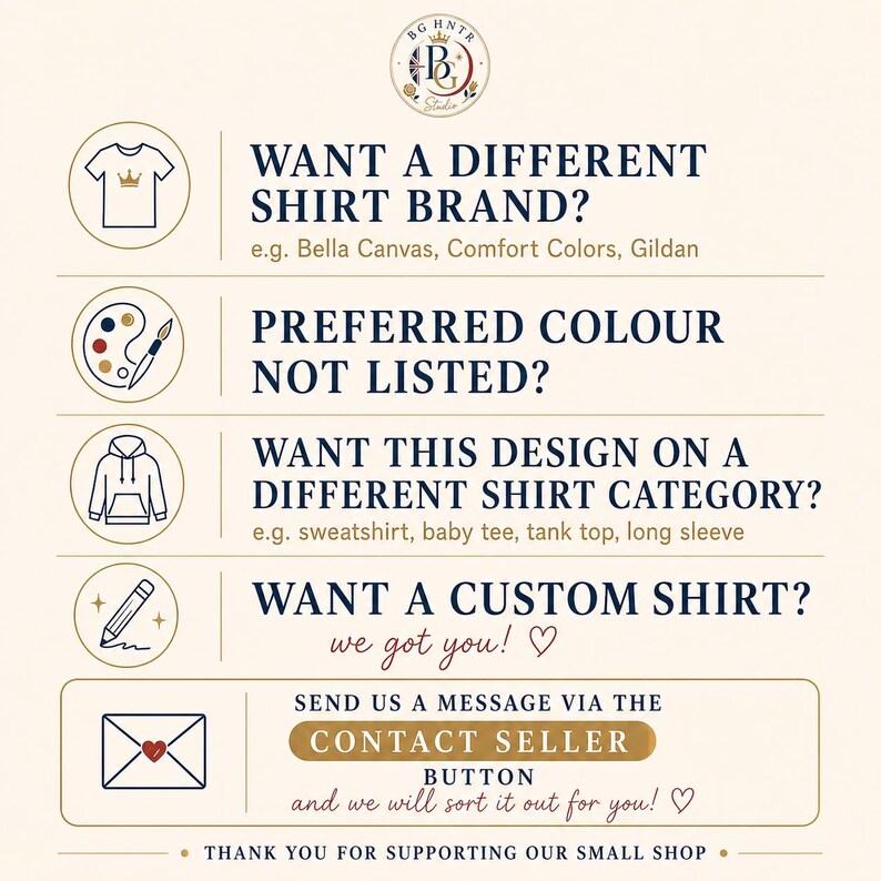 Pode incluir: Um gr&aacute;fico informativo com fundo creme e texto azul escuro. Apresenta &iacute;cones de uma t-shirt, paleta de pintura, camisola com capuz, l&aacute;pis e envelope. O texto questiona sobre marcas de camisas, cores, categorias e pedidos personalizados.