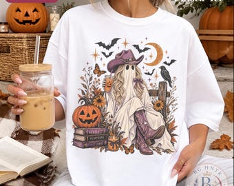 Cowgirl Ghost Halloween Shirt | Comfort Colors® Unisex Fall Sweatshirt | Spooky Western Pumpkin Graphic Tee| Retro Autumn Spooky Season Gift