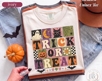 Trick Or Treat Shirt | Comfort Colors® Fall Sweatshirt | Retro Halloween Graphic Tee | Cute Ghost Black Cat Spooky Season Gift