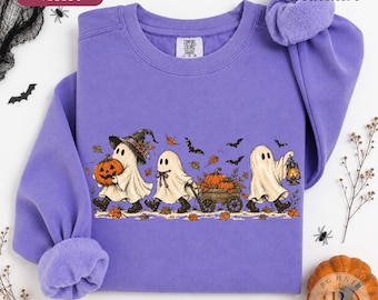 Trick Or Treat Ghost Shirt | Comfort Colors® Fall Sweatshirt | Retro Halloween Walking Ghosts Tee | Cute Pumpkin Spooky Season Gift