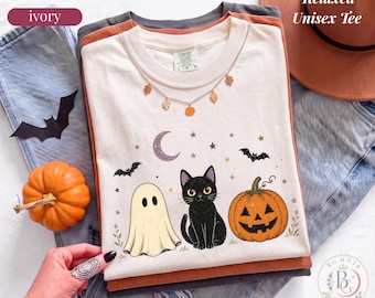 Cute Ghost Black Cat Shirt | Comfort Colors® Fall Sweatshirt | Retro Halloween Pumpkin Graphic Tee | Autumn Spooky Season Apparel Gift