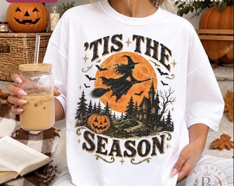 Tis The Season Witch Shirt | Comfort Colors® Fall Sweatshirt | Flying Witch Halloween Graphic Tee | Jack O Lantern Spooky Season Gift
