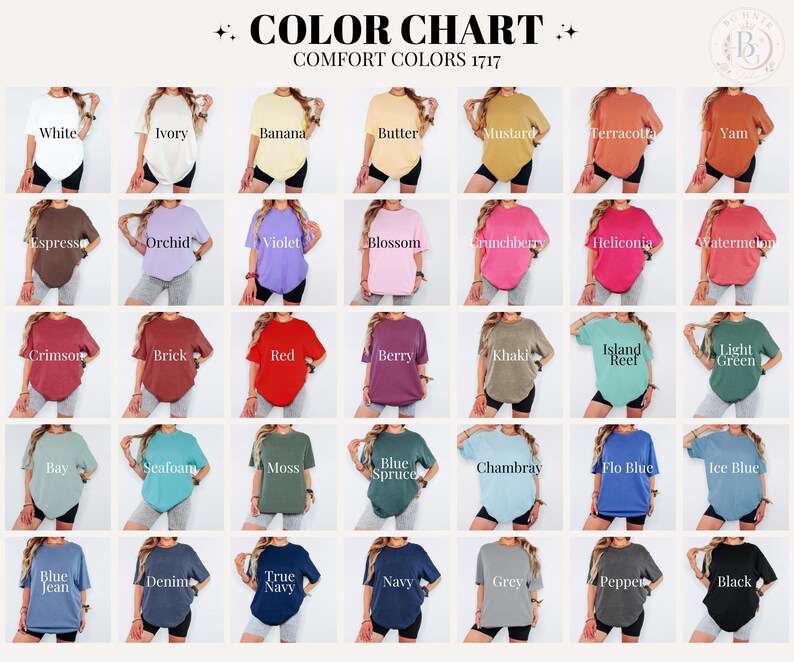 Pode incluir: Uma tabela de cores para camisetas Comfort Colors 1717 com uma grade de trinta camisetas de manga curta em v&aacute;rias cores, incluindo branco, marfim, banana, manteiga, mostarda, terracota, inhame, expresso, orqu&iacute;dea, violeta, flor, crunchberry, heliconia, melancia, carmesim, tijolo, vermelho, baga, c&aacute;qui, recife da ilha, verde claro, ba&iacute;a, espuma do mar, musgo, abeto azul, chambray, azul flo, azul gelo, azul jean, jeans, azul marinho verdadeiro, marinho, cinza, pimenta e preto.