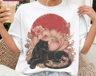 Vintage Black Panther Shirt | Retro Japanese Lotus Graphic Tee | Comfort Colors® Ukiyo-e Wave T-Shirt | Boho Botanical Big Cat Lover Gift