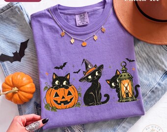 Vintage Black Cat Halloween Shirt | Comfort Colors® Fall Sweatshirt | Retro Witch Cat Pumpkin Tee | Jack O Lantern Spooky Season Gift