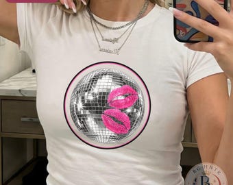 Pink Kisses Disco Ball Baby Tee | Retro 90s Fitted Graphic T-Shirt | Y2K Metallic Disco Ball Top | Pop Music Festival Girl Concert Gift