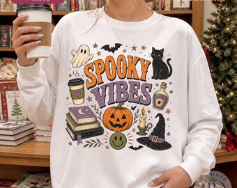 Spooky Vibes Halloween Shirt | Comfort Colors® Fall Sweatshirt | Retro Ghost Black Cat Graphic Tee | Jack O Lantern Spooky Season Gift