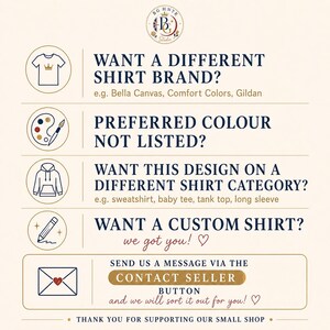 May include: An informational graphic with a cream background and dark blue text. It features icons for a t-shirt, paint palette, hoodie, pencil, and envelope. The text asks about shirt brands, colors, categories, and custom orders, directing users to contact the seller.