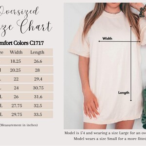 Pode incluir: Uma tabela de tamanhos para t-shirt oversize Comfort Colors C1717. A tabela lista os tamanhos de S a 4XL com as medidas de largura e comprimento em polegadas. Um diagrama mostra uma t-shirt com setas indicando a largura e o comprimento.