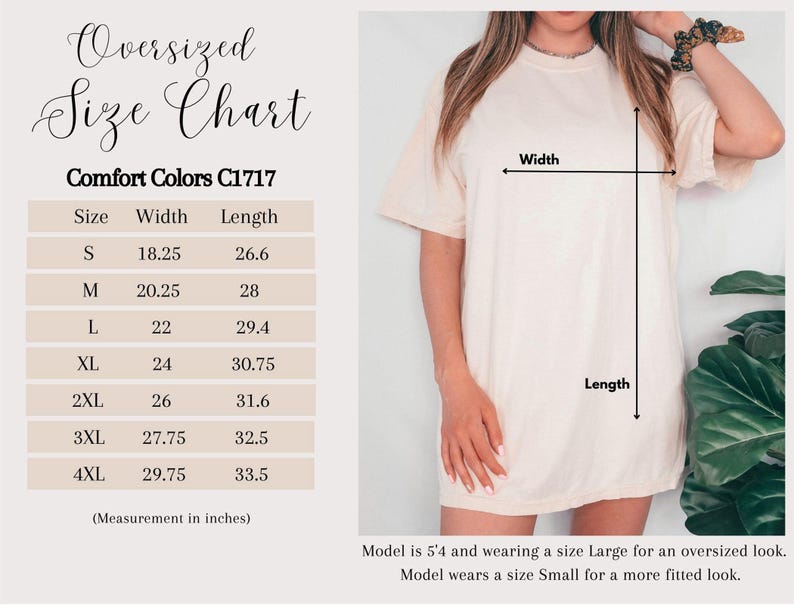 Pode incluir: Uma tabela de tamanhos para t-shirt oversize Comfort Colors C1717. A tabela lista os tamanhos de S a 4XL com as medidas de largura e comprimento em polegadas. Um diagrama mostra uma t-shirt com setas indicando a largura e o comprimento.