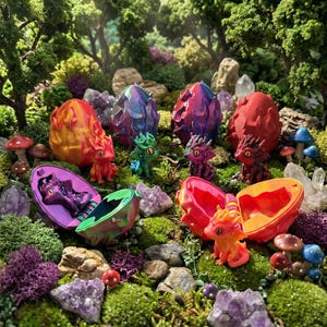 May include: A collection of small, articulated dragon figurines in various colors, including red, orange, purple, and green, each paired with a matching textured egg shell. The dragons feature large eyes and detailed scales, displayed among moss, mushrooms, and crystals.