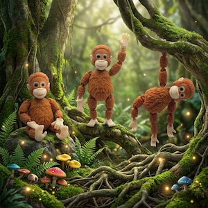 May include: Three brown orangutan figurines with textured fur and light-colored faces. One sits on a mossy rock, one stands with an arm raised, and one hangs from a tree branch. The figures are set against a lush, green forest background.