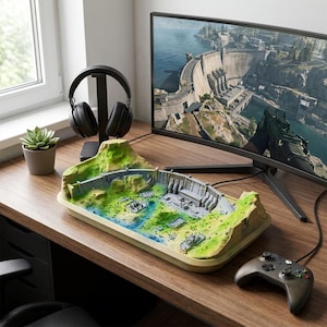 May include: A 3D topographical model of a dam and surrounding landscape, featuring green hills, blue water, and grey industrial structures, displayed in a rectangular tray on a wooden desk next to a computer monitor, headphones, and a game controller.