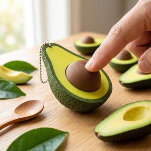 May include: A textured avocado-shaped keychain with a bright yellow interior and a brown, ridged, spherical center piece. The keychain features a silver-toned metal ball chain attached to the top, mimicking the appearance of a halved avocado.