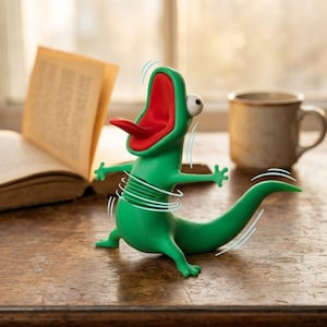 May include: A green lizard figurine with a wide-open red mouth, a protruding tongue, and large white eyes. The lizard has a flexible, spring-like midsection that appears to be vibrating, indicated by white motion lines surrounding the torso.