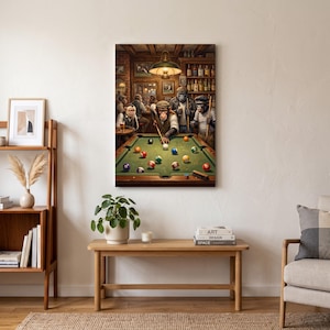 May include: A rectangular wall art print depicting a group of anthropomorphic primates playing billiards in a dimly lit pub. The scene features a central chimpanzee aiming a cue stick at a white ball on a green felt pool table with colorful balls.