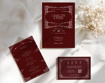 Pode incluir: Um conjunto de convites de casamento em bordô profundo com bordas de filigrana branca e tipografia elegante. O conjunto inclui um convite principal para Charlotte e Daniel, um cartão de detalhes e um cartão RSVP com código QR para respostas.