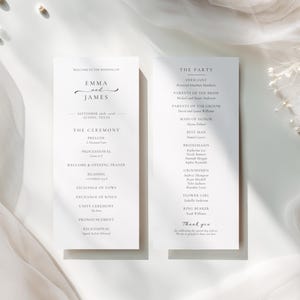 May include: A white wedding program card featuring black serif typography. The left side lists the ceremony order for Emma and James, while the right side details the wedding party members, including the officiant, parents, and attendants.