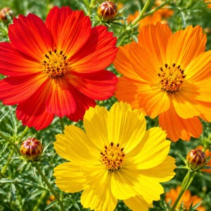 Könnte beinhalten: Drei leuchtende Kosmeenblüten in voller Blüte, bestehend aus einer leuchtend roten, einer orangefarbenen und einer gelben Blüte. Jede Blume hat eine markante Mitte mit dunklen Staubgefäßen. Mehrere kleine, geschlossene Blütenknospen sind sichtbar.