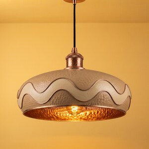 Handmade Copper Pendant Light, Cream Wave Dome Lamp, Hammered Metal Ceiling Light