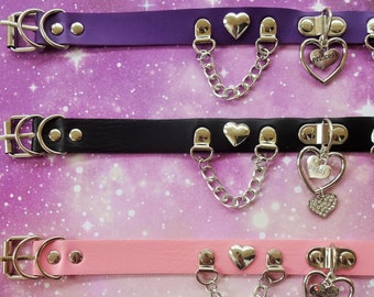 Pink Purple Black Adjustable Collar Choker Chain Heart Daddy Baby Girl Princess DDLG BDSM Collaring Submissive Day Vegan Leather