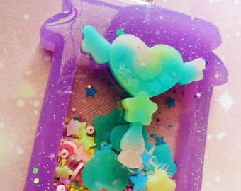 Purple and Green Magic Wand Shaker Charm Necklace Fairy Kei Kawaii Glitter Heart Star Jam Jar Jewellery