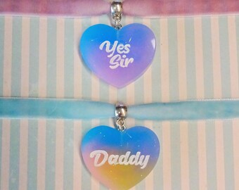 Yes Sir Daddy Jewellery Heart Velvet Ribbon Choker Day Collar BDSM DDLG Submissive Pet Play Pastel Blue Purple Yellow White