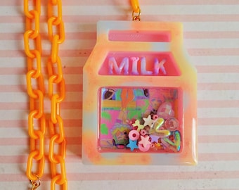 Dreamy Orange Pink Blue Galaxy Milk Carton Necklace Heart Confetti Sprinkle Accessory Jewellery Chunky Anime Manga Cartoon Girl Cyber 90s