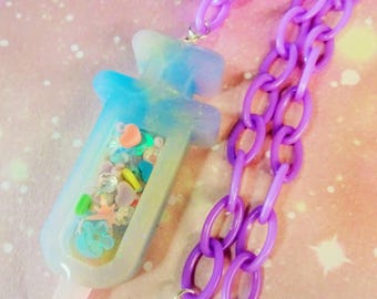 Pastel Rainbow Confetti Medical Syringe Choker Necklace Heart Sprinkles Maximalist Jewellery Chunky Bold Bright Menhera Harajuku Dry Shaker