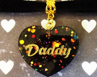 Daddy Heart Velvet Ribbon Choker Day Collar BDSM DDLG Submissive Pet Play Black Gold Orange Red Yellow Halloween Glitter Fall Jewellery