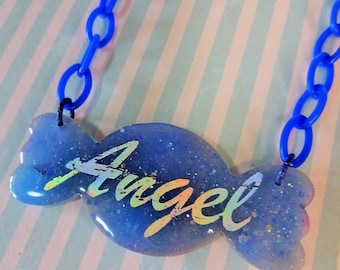 Blue Holo Angel Candy Glitter Sprinkle Kawaii Necklace Maximalist Jewellery Chunky Bold Bright