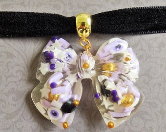 Black Creepy Halloween Bow Purple Gold Eyeball White Velvet Ribbon Choker Day Collar