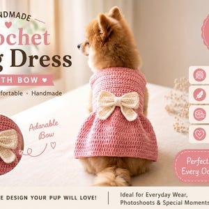 Haakpatroon voor een hondenjurkje (PDF) | Roze puppyjurkje met strik | Haakpatroon voor een truitje voor kleine honden | Huisdieroutfit | Direct te downloaden