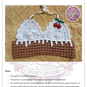 May include: A crochet bralette top featuring a white ice cream design with colourful sprinkles and a red cherry accent, attached to a brown waffle-textured band. The text reads Ice Cream Bralette Top - ADULT, Crochet Creations, and Hook, Yarn and Sprinkles.