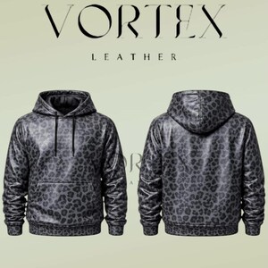 Sudadera con capucha de cuero gris con estampado de leopardo para hombre, sudadera de cuero auténtico con estampado de guepardo color carbón / jersey de cuero negro con estampado animal estilo streetwear