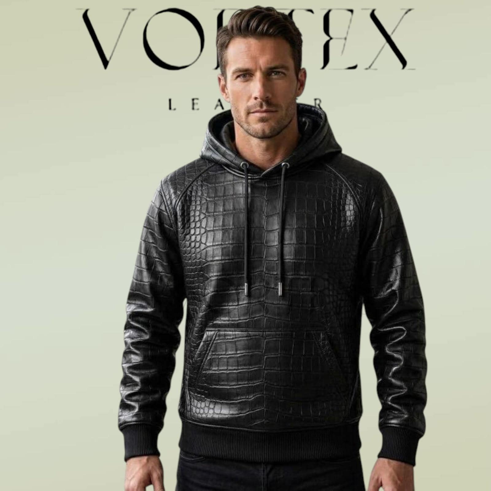 Handmade Mens Black Crocodile Leather Hoodie Croc Embossed Pullover Sweatshirt Gothic Streetwear Leather Top Leather Outfit Gift for Him