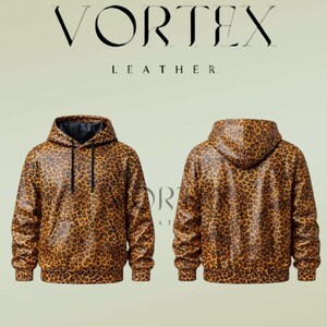 Sweat à capuche en cuir imprimé léopard pour homme | Sweat-shirt en cuir véritable imprimé guépard marron | Pull classique en cuir imprimé animal | Streetwear