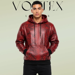 Handmade Mens Red Snakeskin Leather Hoodie Python Embossed Pullover Sweatshirt Gothic Streetwear Leather Top Leather Outfit Gift for Him