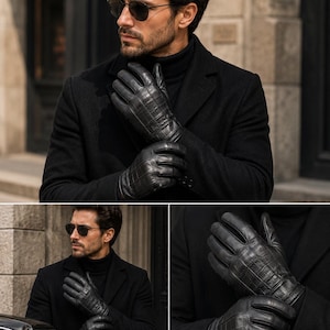 Könnte beinhalten: Ein Paar schwarze Lederhandschuhe mit einer strukturierten Krokodilprägung auf dem Handrücken. Die Handschuhe werden zu einem schwarzen Rollkragenpullover und einem schwarzen Wollmantel getragen und zeigen ein schlichtes Design mit sichtbaren Nähten.