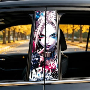 May include: A car window pillar decal featuring a stylized illustration of a character with blonde hair, blue eyes, and a heart-shaped mark on the cheek. The graphic includes a metallic choker, dark gloves, and white graffiti-style text at the bottom.